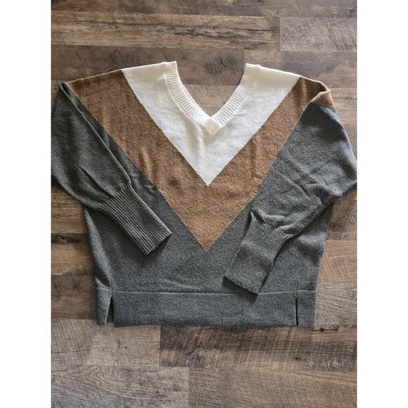 PrAna Norfolk Sweater Sz Medium Green Brown Ivory Vneck Thumb Holes Oversized - Picture 2 of 7